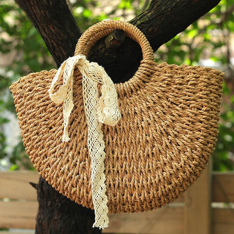 Lace Bow Basket Bags Women Casual Hollow Woven Shoulder Bag Knitted Handbags Large Capacity Vintage