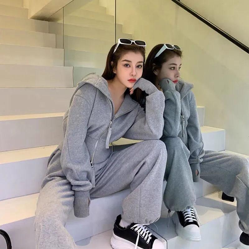 2PCS Women's Spring and Autumn Hooded Sweater Suit Ladies Waist Thin Cardigan + Legging Casual Sports Pants Two-piece Student Fitness Jogging Suit