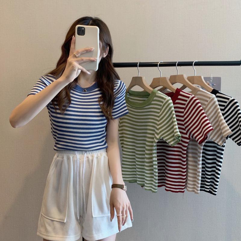 Thin Striped Ice Silk T-Shirt Women Summer Slim Short Knitted High Waist Top Short Sleeve