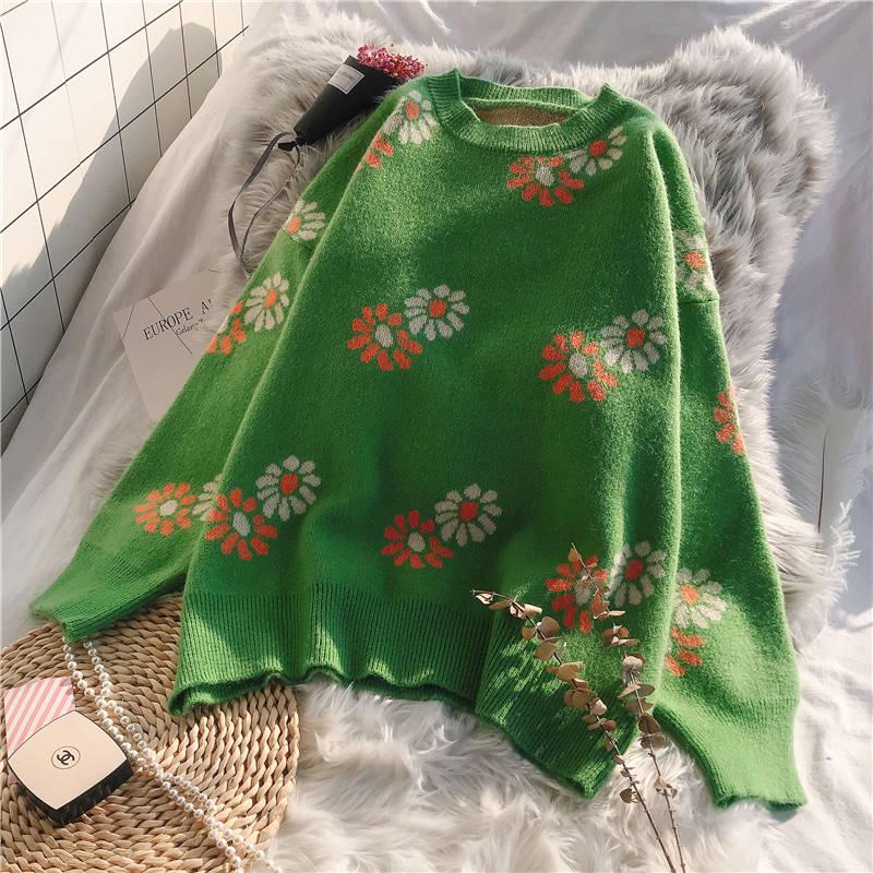 Style Flower Knit Cardigans Sweater Women O-Neck Loose Elegaht Thicked Pull Femme Print Short Casual Pullover Autumn Winter Women Knitted Sweater