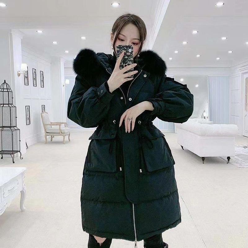 Trendy Fashion Waist Hooded Fur Collar Women's Down Jacket Autumn and Winter Plus Velvet Thickening Warm Loose Casual White Duck Down Down Jacket