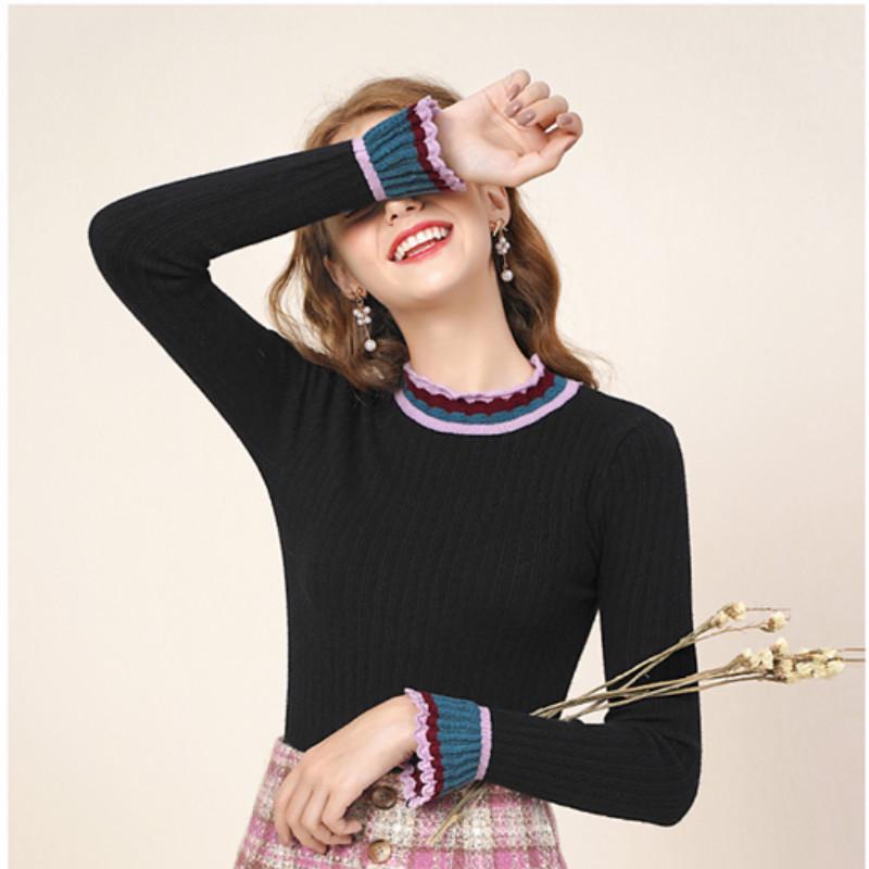 Autumn and Winter Women's Hedging Long-sleeved Slim Bottoming Shirt Ruffled Sweater