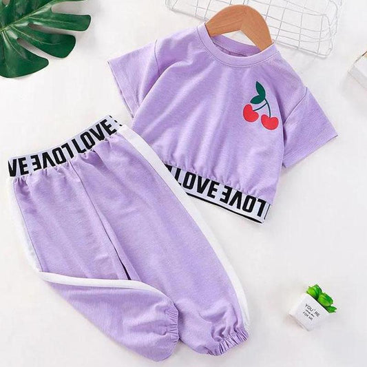 2PCS Children Clothing Set Spring Summer Girls Suits Printing Letter Cherry Short Sleeve Tops + Pants Clothing Set