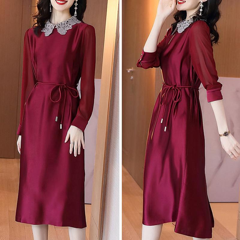 Plus Size M-XXXXL Summer Silky Satin Ladies Dress Over-the-knee Stand-collar Dress Free Belts of The Same Color