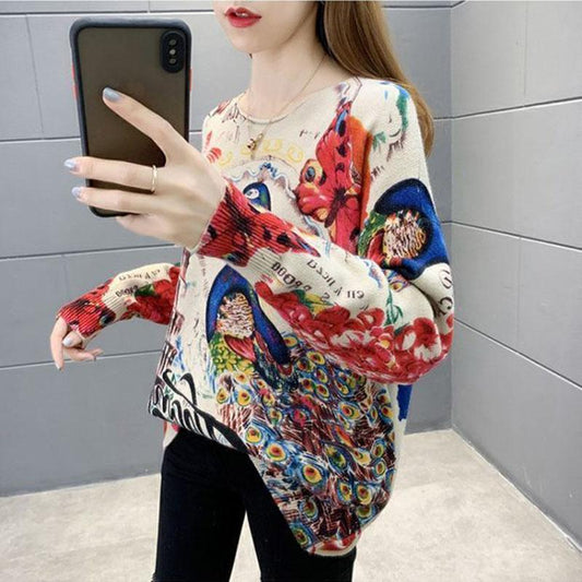 Peacock Pattern Pullover Sweater Women Fall/winter Ethnic Style Print Knit Sweater Outer Wear Jumper Tops
