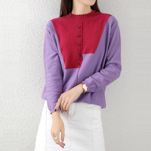 Autumn Women's Round Neck Knitted Tops Women Loose Slim Fit Color Matching Sweater Women's Long-sleeved  Design Sense