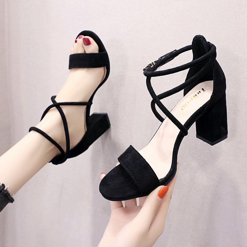 Women's Summer Sandals Mid-heel Chunky Heel Buckle High Heels Korean Style All-match Strapped Roman Sandals