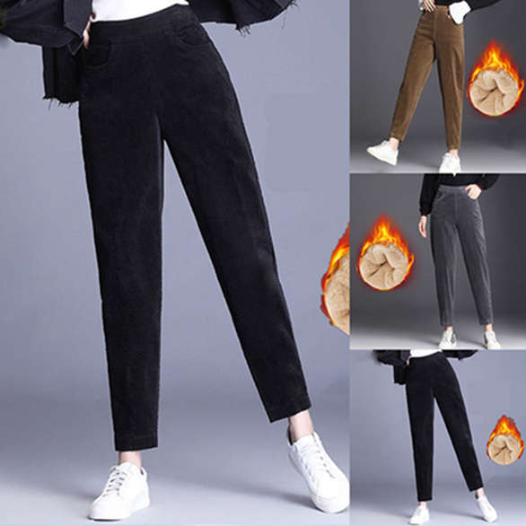 Women Fashion Winter Thicken Plush Corduroy Casual Pants Warm High Waist Trousers