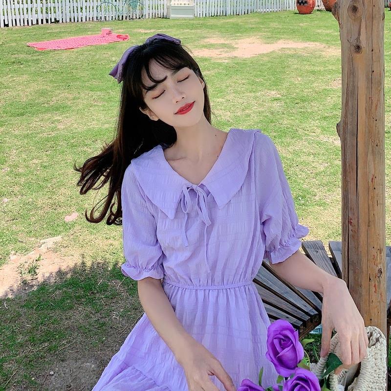 Cute Sweet Well-behaved Girl Solid Color Bow Ruffle Mid-length A-shaped Skirt Age Reduction Looser  Short Sleeve Dress