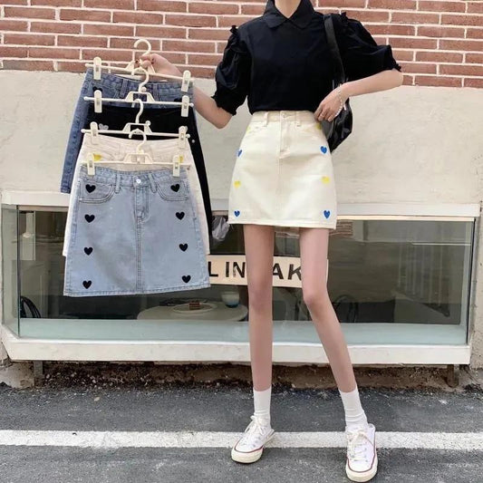 Heart Embroidered High Waist Denim Short Skirt Sweet A-line Skirt Bag Hip Skirt Summer All-match Short Denim Skirt