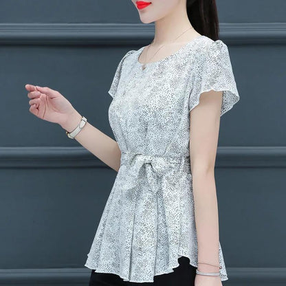 Women's Summer Short Sleeve Chiffon Shirt Waist Tie Round Neck Printed Top
