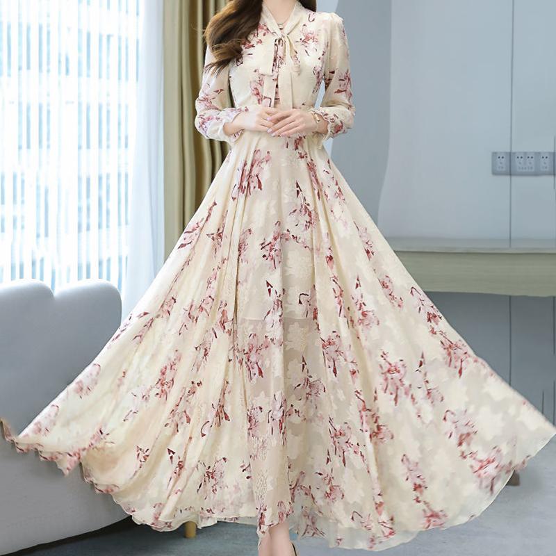 Chiffon Jacquard Long-sleeved Dress Spring and Autumn Models Waist Beach Big Swing Bow Long Skirt Women's French Retro Long Skirt Temperament