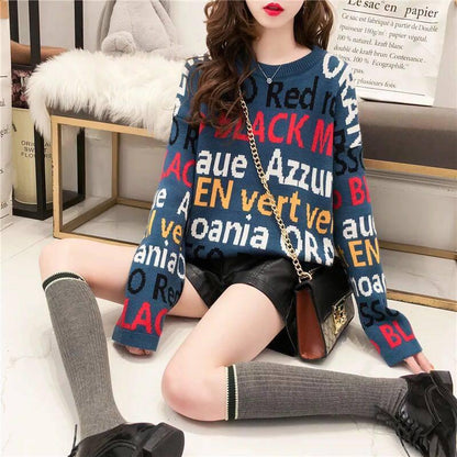 Chic Girl Letter Knitwear Crew Neck Loose Knitting Pullover Hit Color Jumper Sweater Top