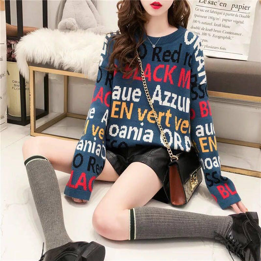 Chic Girl Letter Knitwear Crew Neck Loose Knitting Pullover Hit Color Jumper Sweater Top