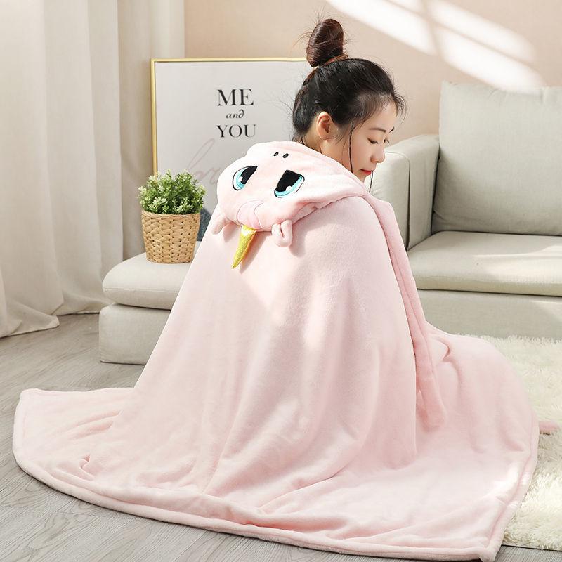 Cute Cartoon Lazy Nap Blanket Shawl Cloak Cloak Office Air Conditioning Blanket Coral Fleece Cover Leg Blanket Skin-friendly Soft and Warm