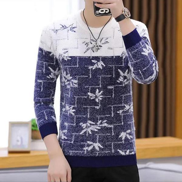 Autumn and Winter Men's Sweater Round Neck Padded Sweater Color-blocking Long-sleeved Jacket