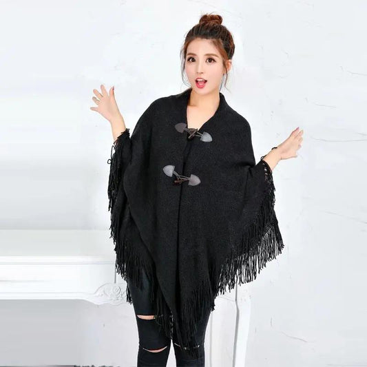 Autumn Outer Wear Shawl Cloak-style Cardigan with Buckle Loose Jacket Women's Autumn and Winter Mid-length V-neck Knitted Cloak