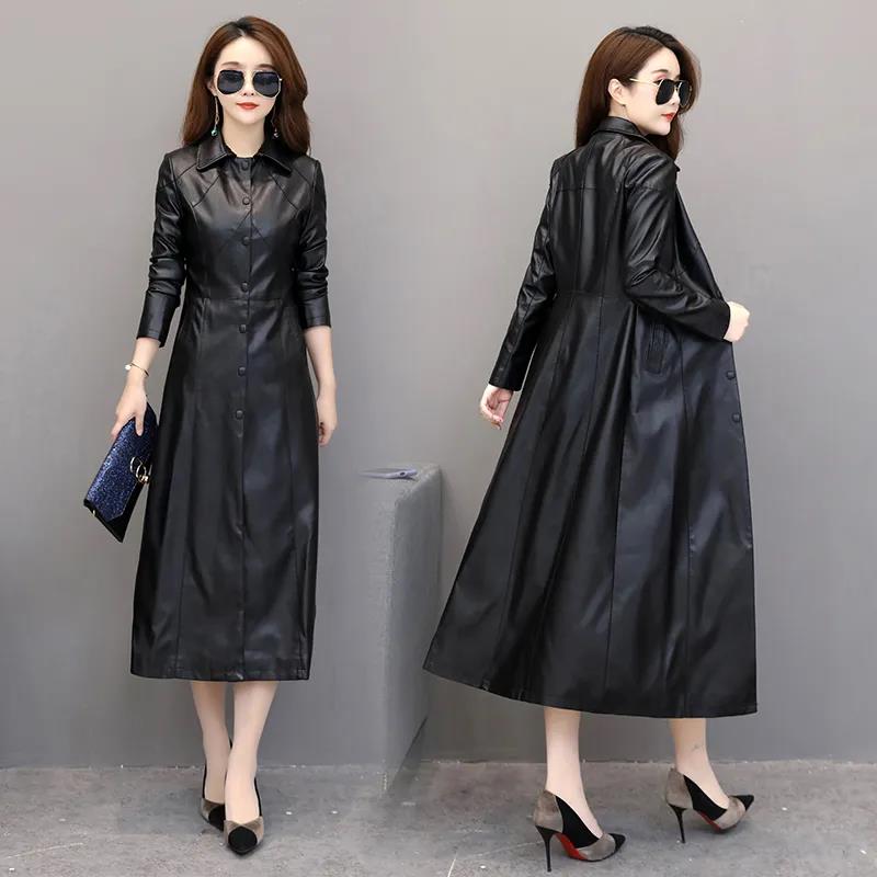 Winter Women's Leather Jacket Fashion Slim Long Section Over-the-knee Leather Jacket Thicken Warm Large Size Leather Jacket