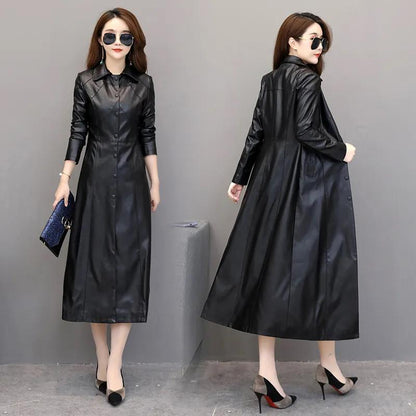 Winter Women's Leather Jacket Fashion Slim Long Section Over-the-knee Leather Jacket Thicken Warm Large Size Leather Jacket