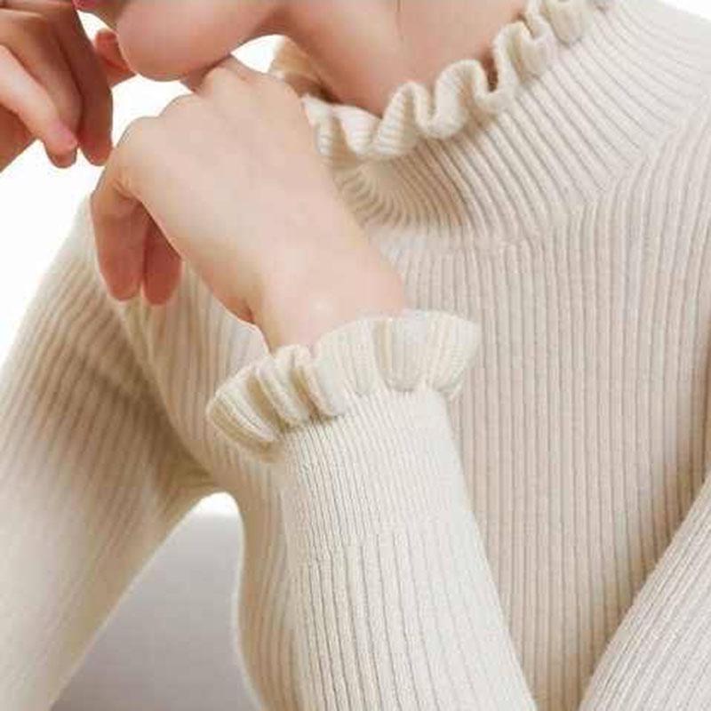 Pofulove Half Turtleneck Sweater Female Lotus Leaf Collar Lace Sleeve Bottoming Slim Winter Pullover