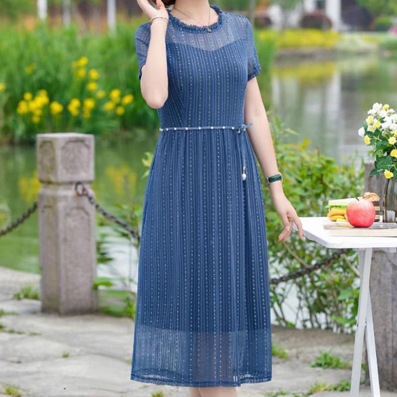 Women's Spring Summer Short-sleeved Dress Mesh Gauze Waist Thin Fake Two-piece Middle Skirt Pure Color Ladies Banquet Dress