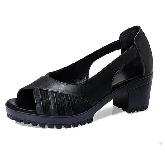 Leather Sandals Women's Mid-heel Thick-heel Fish Mouth Mesh Work Shoes Non-slip All-match Comfortable C Black Sandals