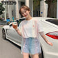 Women's  Fashion Loose Bf Trend Large Mesh Stitching Fake Two Pieces T-shirt Summer
