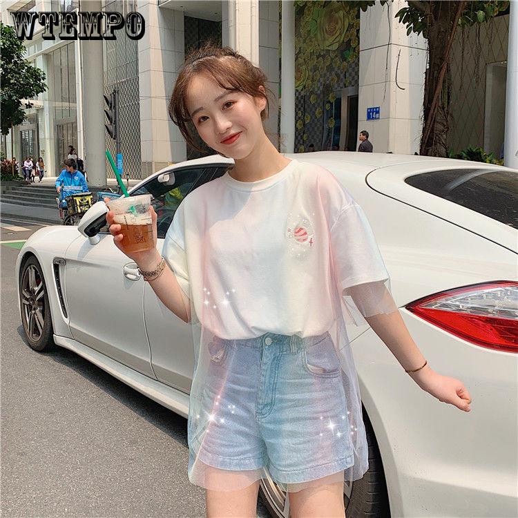 Women's  Fashion Loose Bf Trend Large Mesh Stitching Fake Two Pieces T-shirt Summer