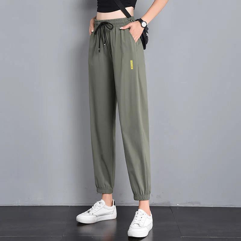 Summer Thin Ice Silk Pants Beam Foot Mosquito Pants Sports Pants Women's Black Loose and Thin High Waist Casual Harem Pants