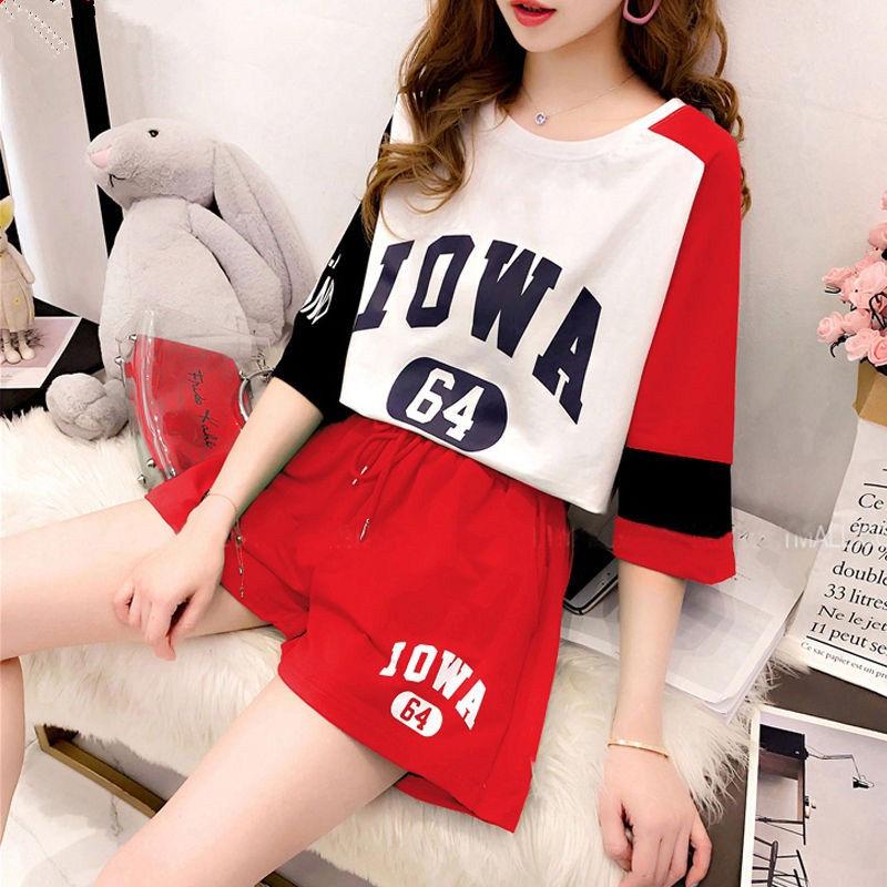 Two-piece Sportswear Suit Women's Summer Suit Round Neck Short-sleeved Top Loose Shorts Summer Ladies Suit Sweet and Cute