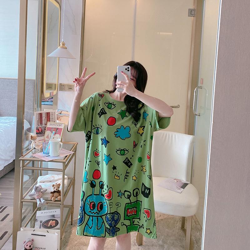 Painted Graffiti Women Dress Girl Loose O-Neck Casual Long T-shirt Dress Big Loose Home Outer