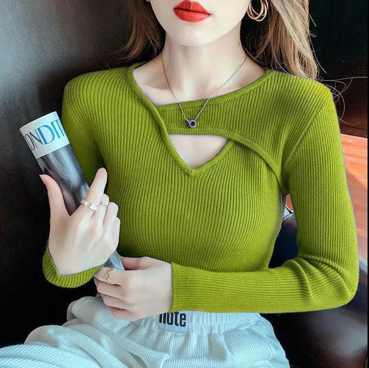 Women's Slim Fit Thin Bottoming Shirt Fashion Hollow Solid Color Sweater Large Size Long Sleeve Sweater