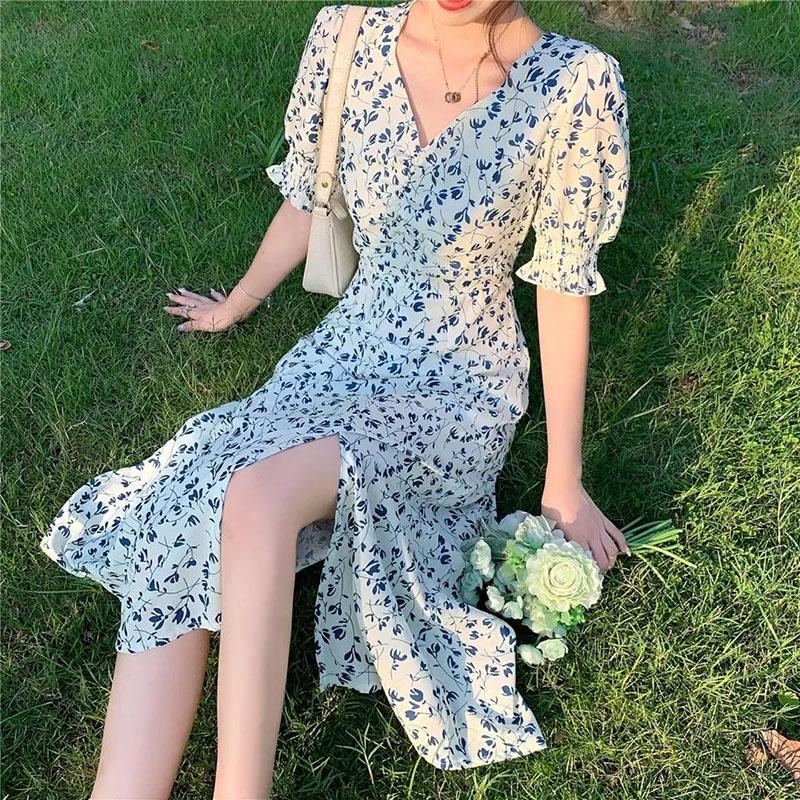 Women's Summer Long Dress V-neck Floral Puff Sleeve A-Line Dress