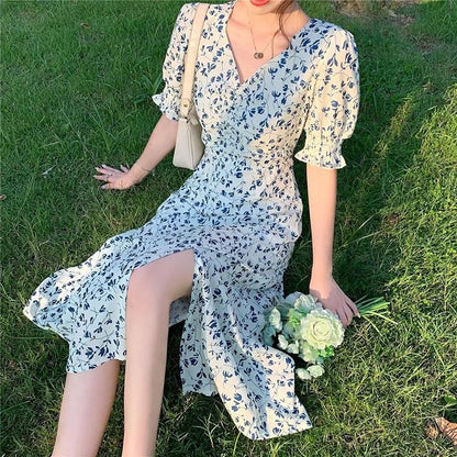 Women's Summer Long Dress V-neck Floral Puff Sleeve A-Line Dress