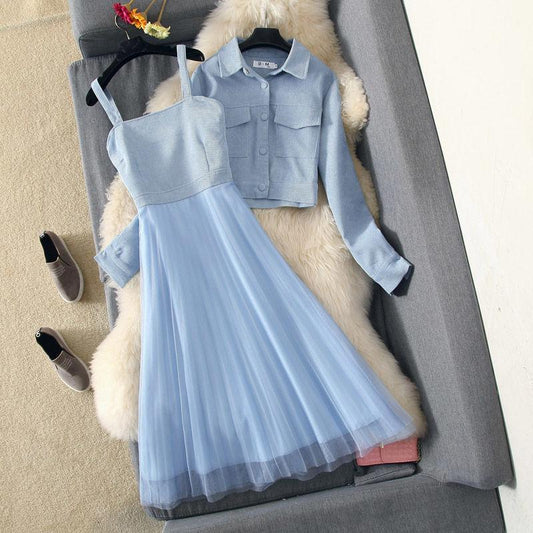 Ladies Skirt Short Jacket + Mid-length Mesh Skirt Dress Long Skirt Two-piece Dress Ladies Mesh Dress Long Sleeve Jacket Two-piece Dress