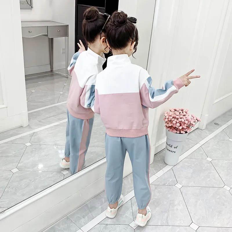 Girls Sports Suit Spring and Autumn Pullover Long Sleeve Contrast Color Design Two-piece Comfortable Casual Sports Suit