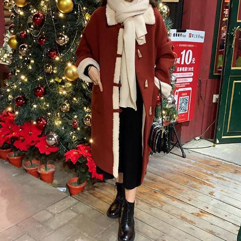 Autumn and Winter Woolen Coat with Horns Buckle Lamb Wool Thick Woolen Coat Women's Mid-length Lapel Woolen Coat