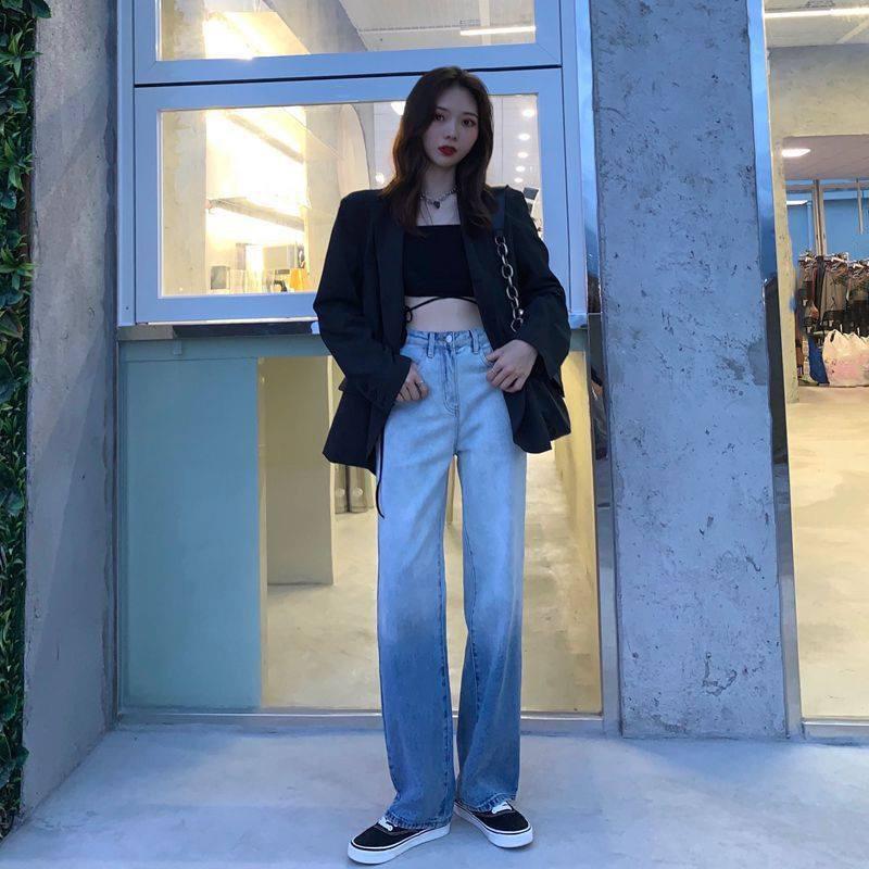 WTEMPO Color Gradient Jeans Women's High Loose Casual Washed Denim Straight Long Wide Leg Pants