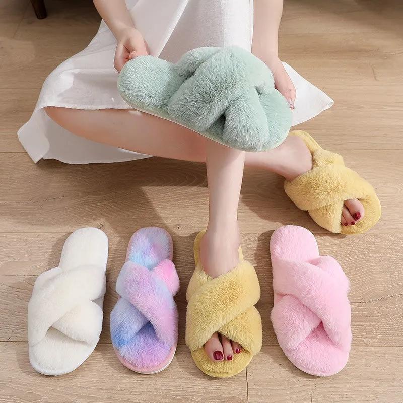 Winter Fluffy Sliders for Women House Slippers Faux Fur Fashion Pink Warm Shoes Woman Slip on Flats Female Slides Cozy Home Furry Slippers