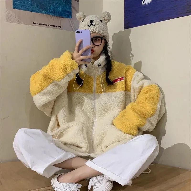 Lamb Wool Stand-up Collar Jacket Female BF Color Matching Loose Cardigan Zipper Plus Velvet Thick Warm Jacket Ladies Casual Warm Jacket