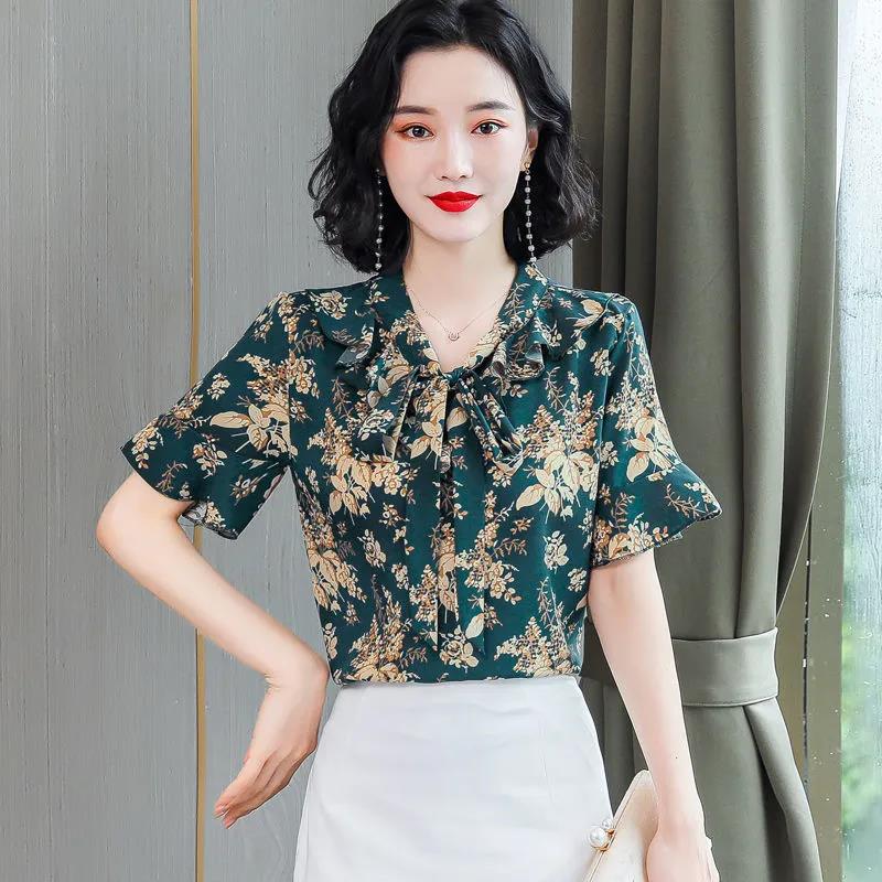 Women's Summer Short Sleeve Chiffon Shirt Loose Floral Top