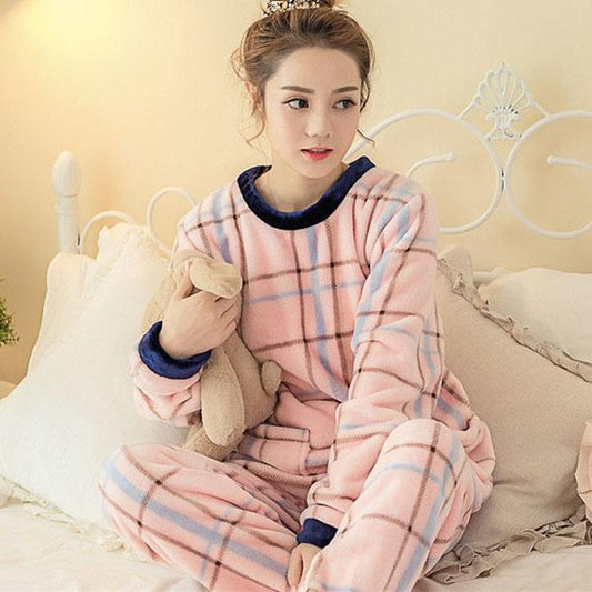 Flannel Pajamas Women Autumn and Winter Thick Sweet Cute Long-sleeved Coral Fleece Plus Size Home Service Suit