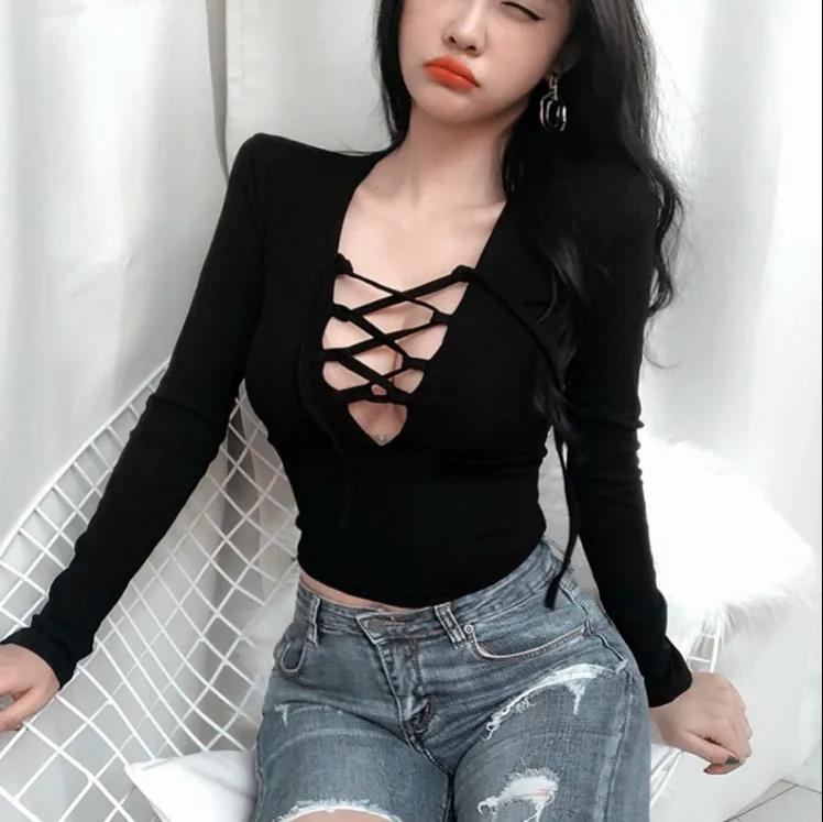 Sexy V-neck Strappy Hollow Slim Long-sleeved Bottoming Shirt Short Solid Color Women's Top