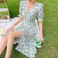 Women's Summer Long Dress V-neck Floral Puff Sleeve A-Line Dress