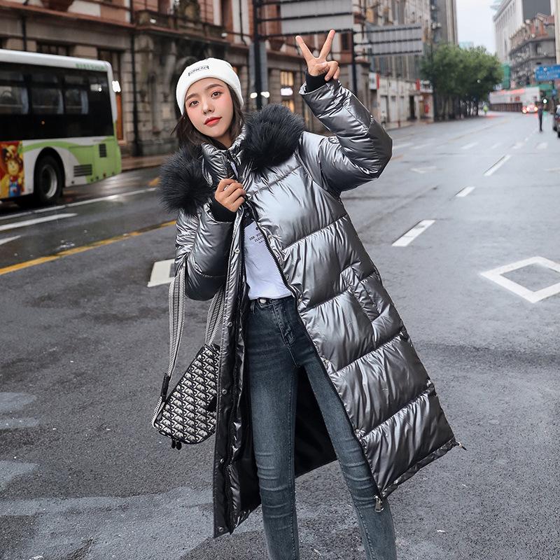 Women Long Oversize Blue Down Jackets Warm Thick Casual Loose Winter Jacket Fur Collar Hooded Coats Female Down Coats Solid Glossy Outwear