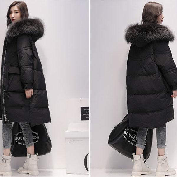 Winter All-match Mid-length Down Jacket Women's Hooded White Duck Down Real Big Fur Collar Jacket Thickened Warmth