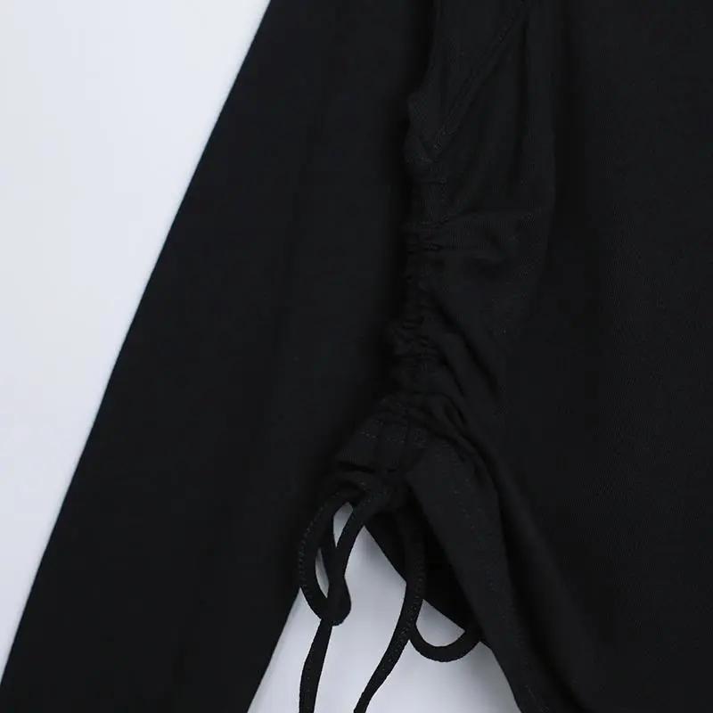 Short Solid Color Long Sleeve T-Shirt Female Student Drawstring Sling Long Sleeve Top Women