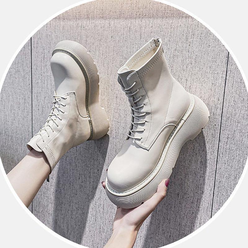 Autumn and Winter Leather Sponge Cake Thick-soled Martin Boots Thin Single Boots Heightening Short Boots All-match