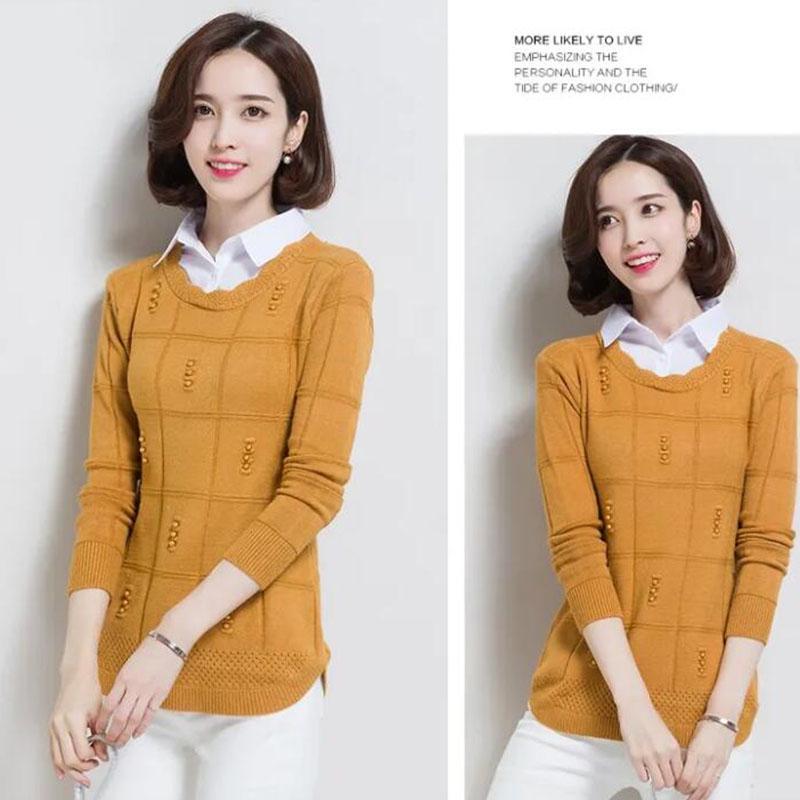 Autumn/winter Lapel Pullover Sweater Women's Plus Size Korean Style Slim Short Fake Two-piece Sweater Sweet Patchwork Knit Sweater Outwear