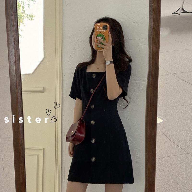 Women's Solid Color Waist Slimming Square Neck Short-sleeved Black Dress Simple Button DressMid-length A-shaped Skirt Age Reduction